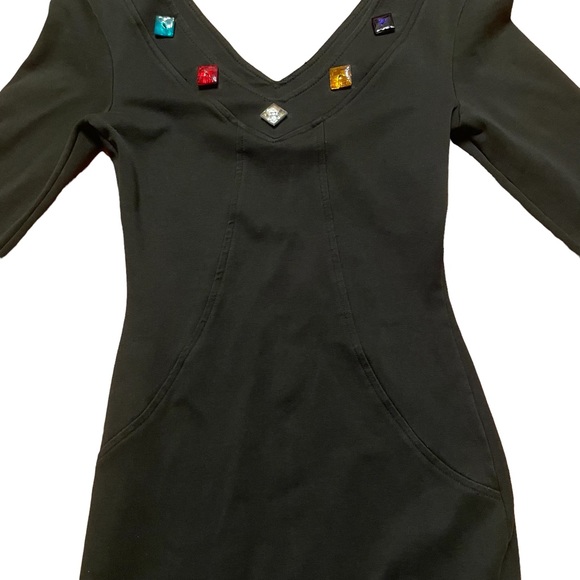 YES Clothing 80s Vintage Black Longsleeve Bodycon Faux crystal jeweled Neckline - Picture 3 of 10